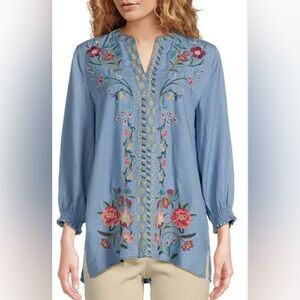 Coldwater Creek Blue Floral Embroidered Blouse